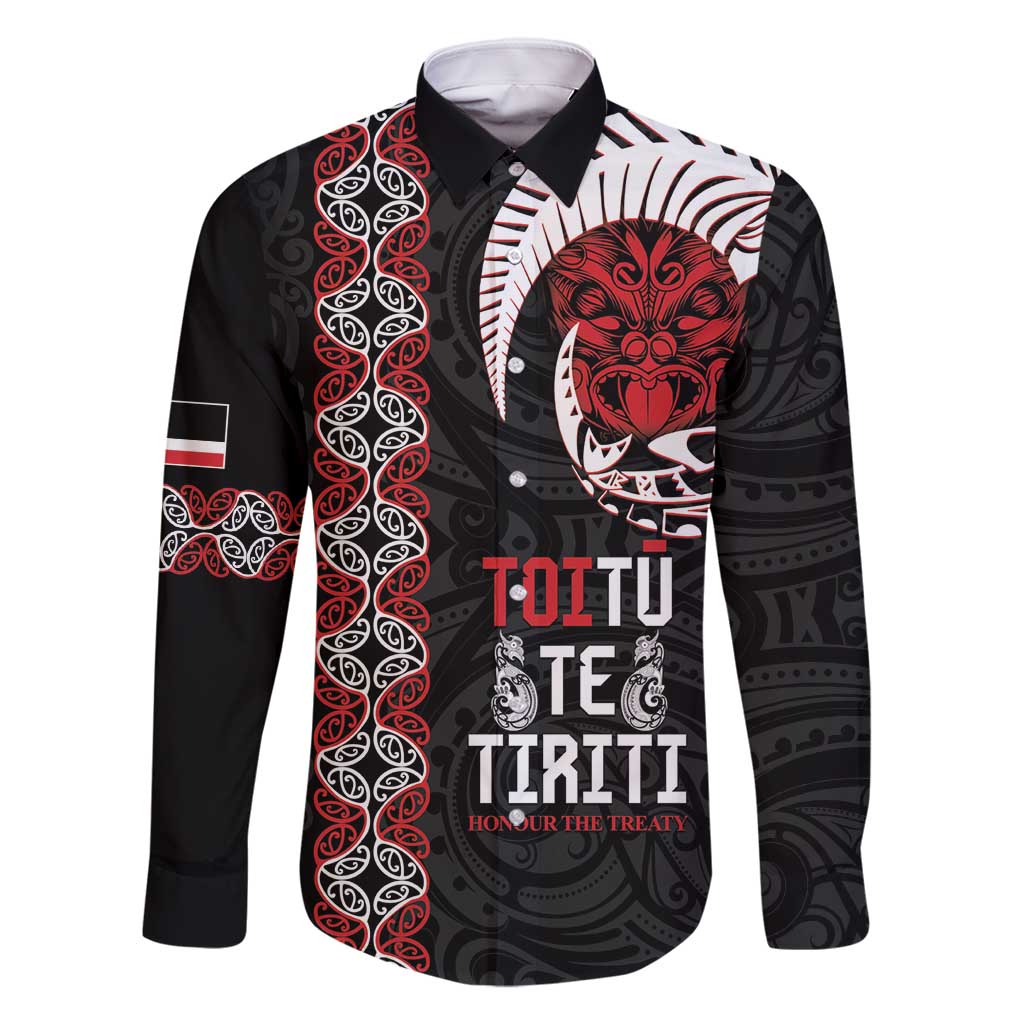 Aotearoa Toitu Te Tiriti Family Matching Mermaid Dress and Hawaiian Shirt Honour The Treaty Maori Haka LT14 Dad's Shirt - Long Sleeve Black - Polynesian Pride