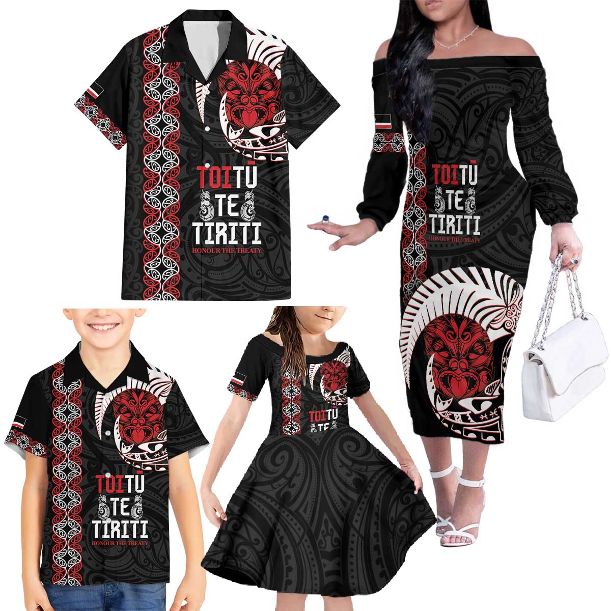 Aotearoa Toitu Te Tiriti Family Matching Off The Shoulder Long Sleeve Dress and Hawaiian Shirt Honour The Treaty Maori Haka LT14 - Polynesian Pride