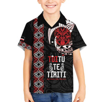 Aotearoa Toitu Te Tiriti Family Matching Off The Shoulder Long Sleeve Dress and Hawaiian Shirt Honour The Treaty Maori Haka LT14 Son's Shirt Black - Polynesian Pride