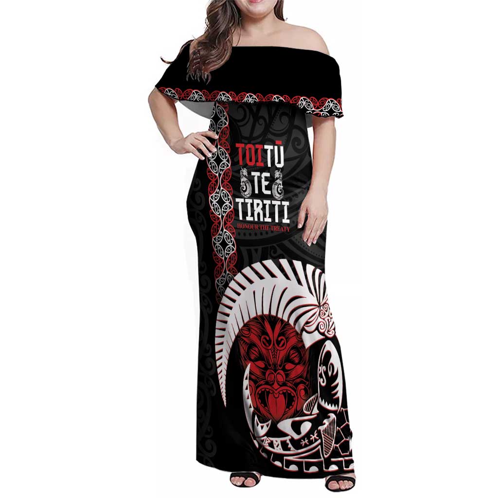 Aotearoa Toitu Te Tiriti Family Matching Off Shoulder Maxi Dress and Hawaiian Shirt Honour The Treaty Maori Haka LT14 Mom's Dress Black - Polynesian Pride