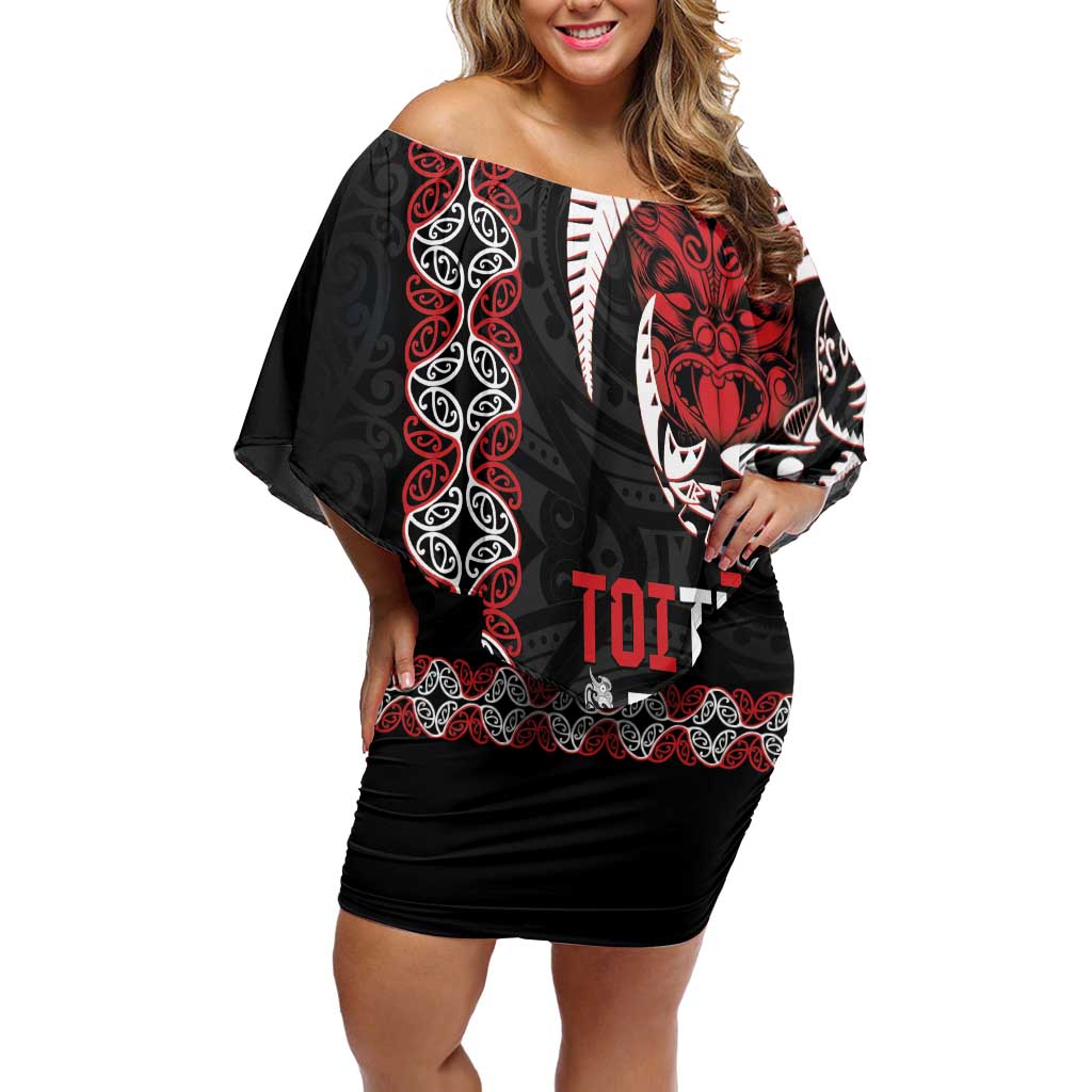 Aotearoa Toitu Te Tiriti Family Matching Off Shoulder Short Dress and Hawaiian Shirt Honour The Treaty Maori Haka LT14 Mom's Dress Black - Polynesian Pride