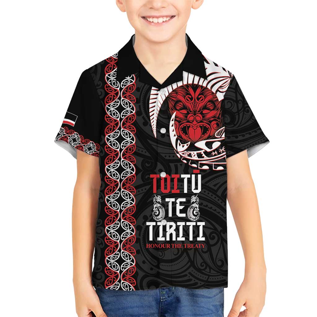 Aotearoa Toitu Te Tiriti Family Matching Summer Maxi Dress and Hawaiian Shirt Honour The Treaty Maori Haka LT14 Son's Shirt Black - Polynesian Pride