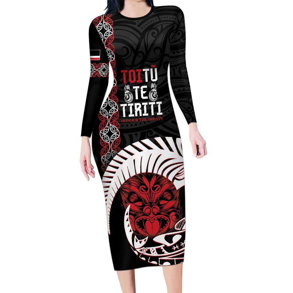 Aotearoa Toitu Te Tiriti Long Sleeve Bodycon Dress Honour The Treaty Maori Haka LT14 Long Dress Black - Polynesian Pride