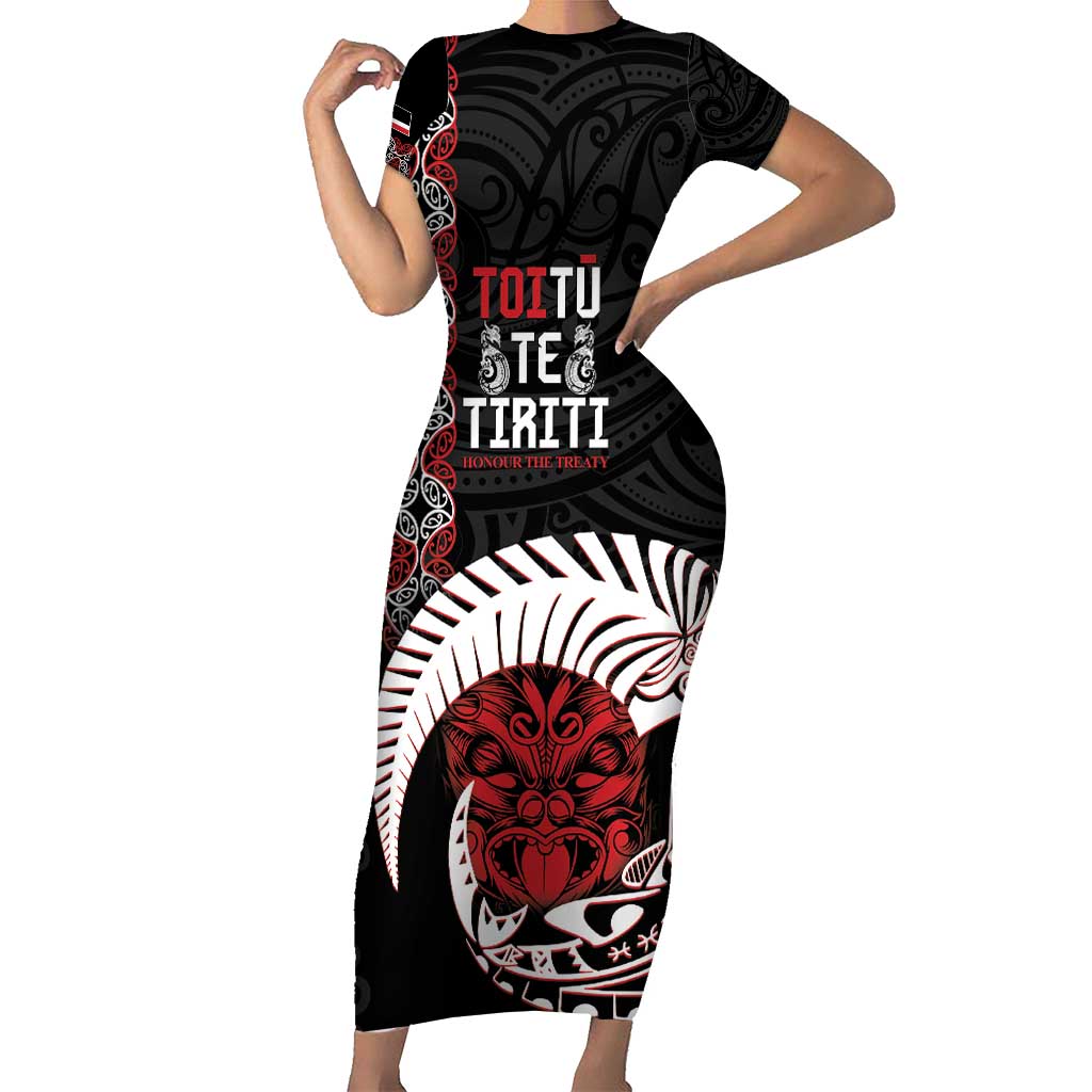 Aotearoa Toitu Te Tiriti Short Sleeve Bodycon Dress Honour The Treaty Maori Haka LT14 Long Dress Black - Polynesian Pride