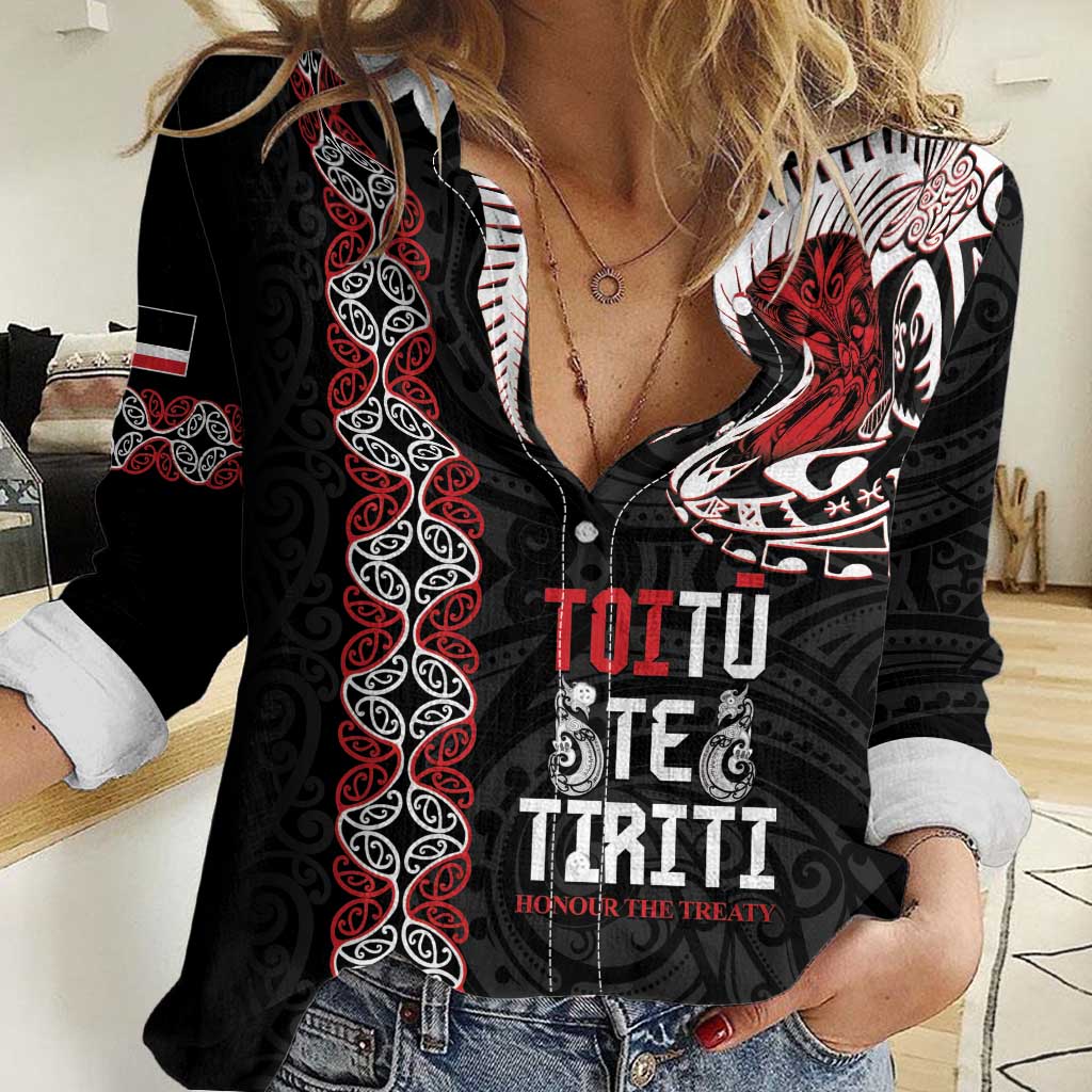 Aotearoa Toitu Te Tiriti Women Casual Shirt Honour The Treaty Maori Haka LT14 Female Black - Polynesian Pride