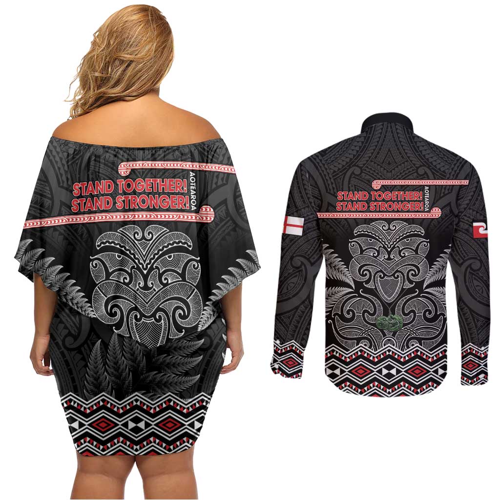 Aotearoa Toitu Te Tiriti Couples Matching Off Shoulder Short Dress and Long Sleeve Button Shirt Stand Together! Stand Stronger! - NZ Tiki