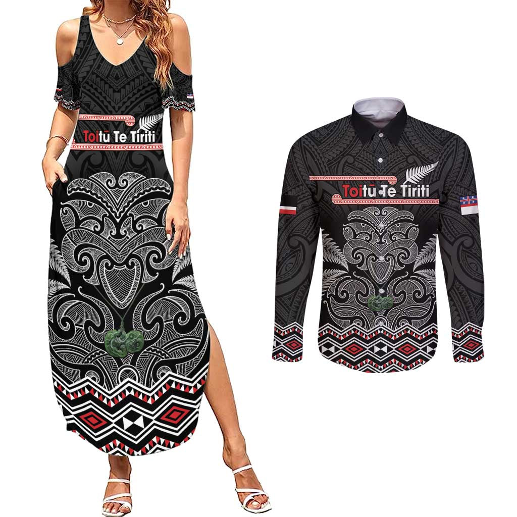 Aotearoa Toitu Te Tiriti Couples Matching Summer Maxi Dress and Long Sleeve Button Shirt Stand Together! Stand Stronger! - NZ Tiki
