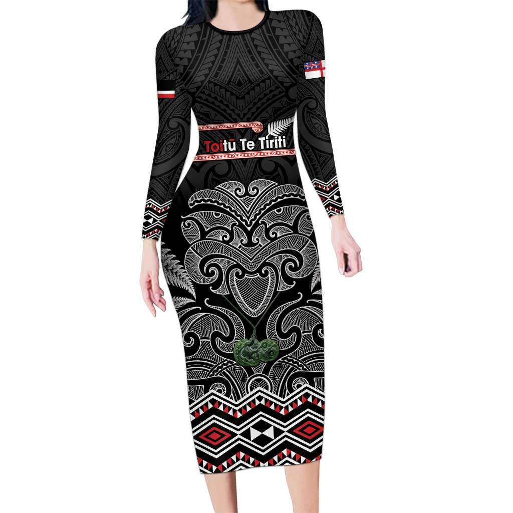Aotearoa Toitu Te Tiriti Family Matching Long Sleeve Bodycon Dress and Hawaiian Shirt Stand Together! Stand Stronger! - NZ Tiki LT14 Mom's Dress Black - Polynesian Pride