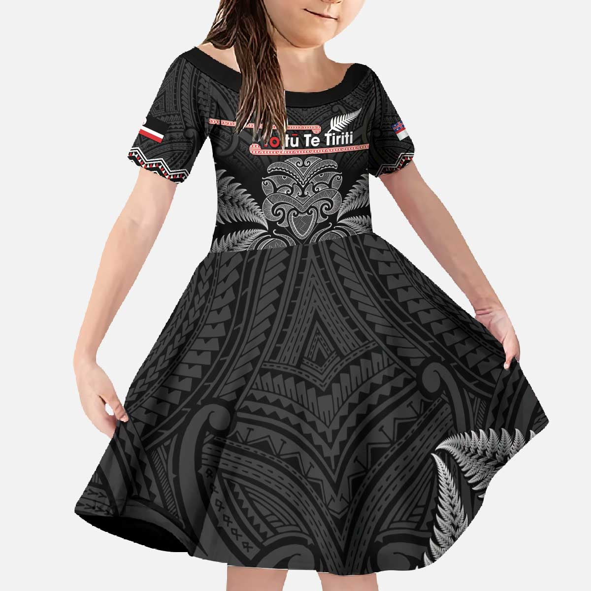 Aotearoa Toitu Te Tiriti Family Matching Off The Shoulder Long Sleeve Dress and Hawaiian Shirt Stand Together! Stand Stronger! - NZ Tiki LT14 Daughter's Dress Black - Polynesian Pride