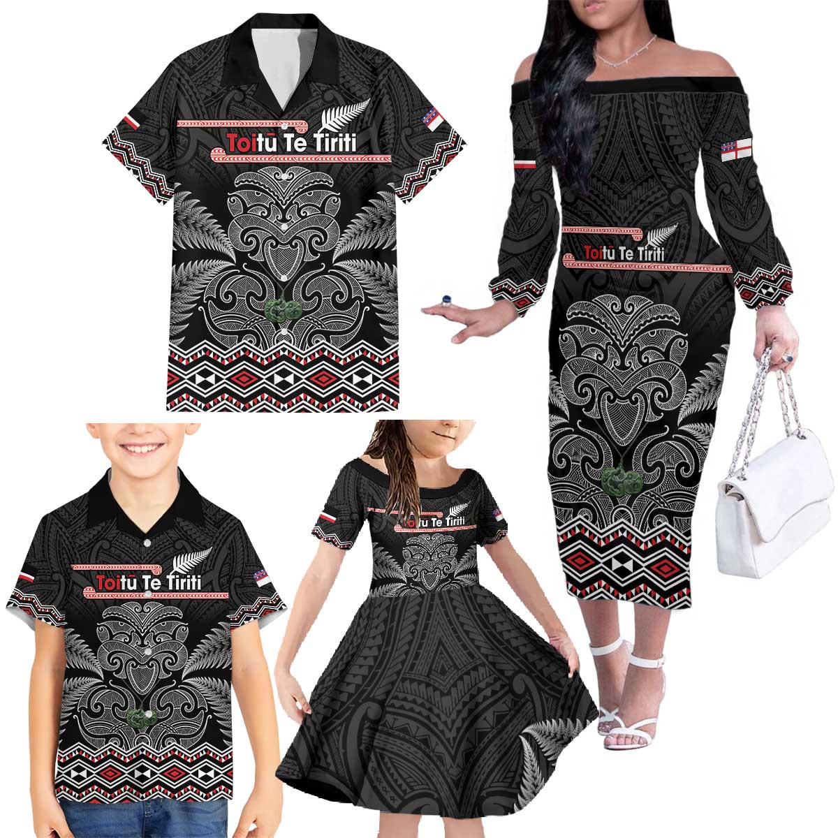 Aotearoa Toitu Te Tiriti Family Matching Off The Shoulder Long Sleeve Dress and Hawaiian Shirt Stand Together! Stand Stronger! - NZ Tiki LT14 - Polynesian Pride