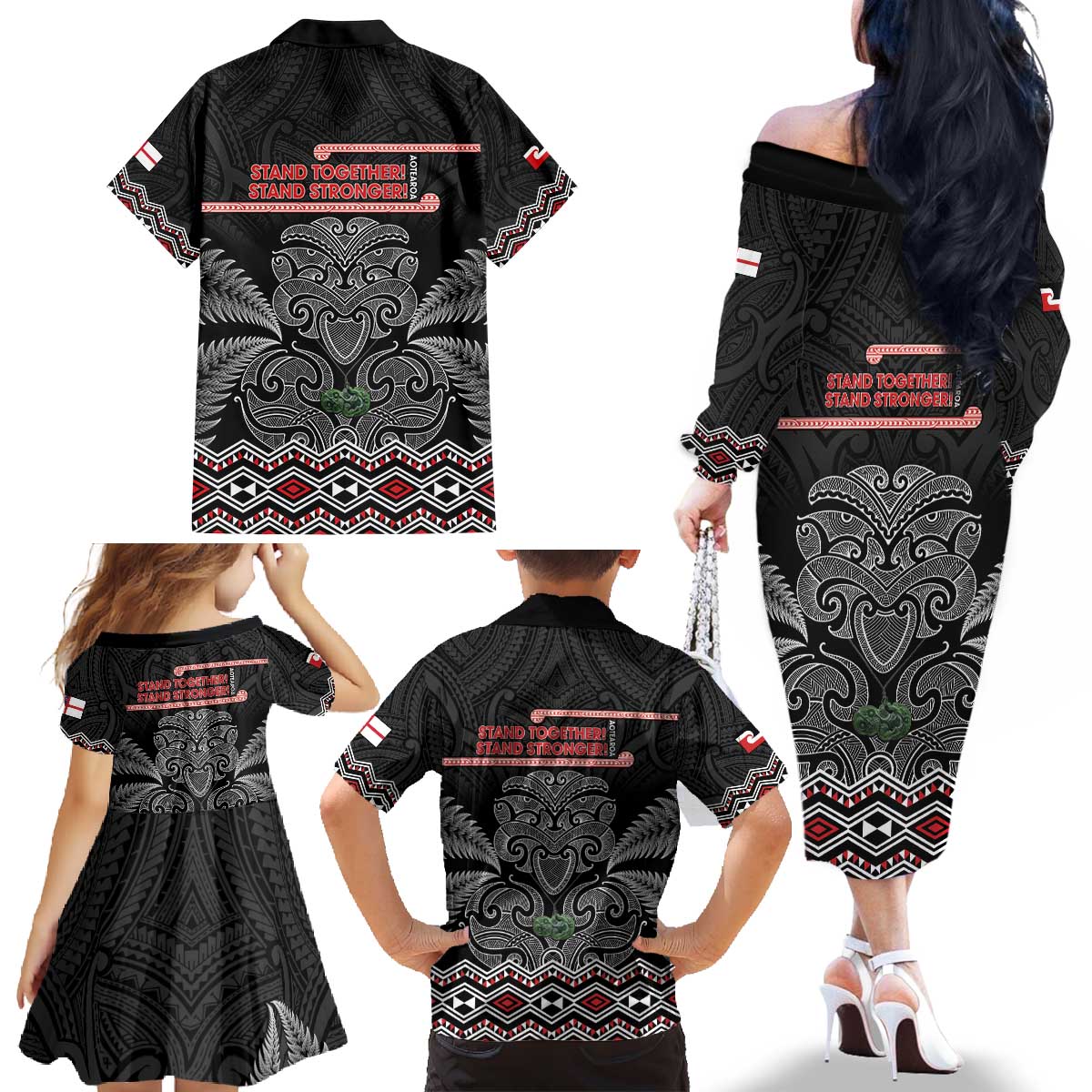 Aotearoa Toitu Te Tiriti Family Matching Off The Shoulder Long Sleeve Dress and Hawaiian Shirt Stand Together! Stand Stronger! - NZ Tiki LT14 - Polynesian Pride