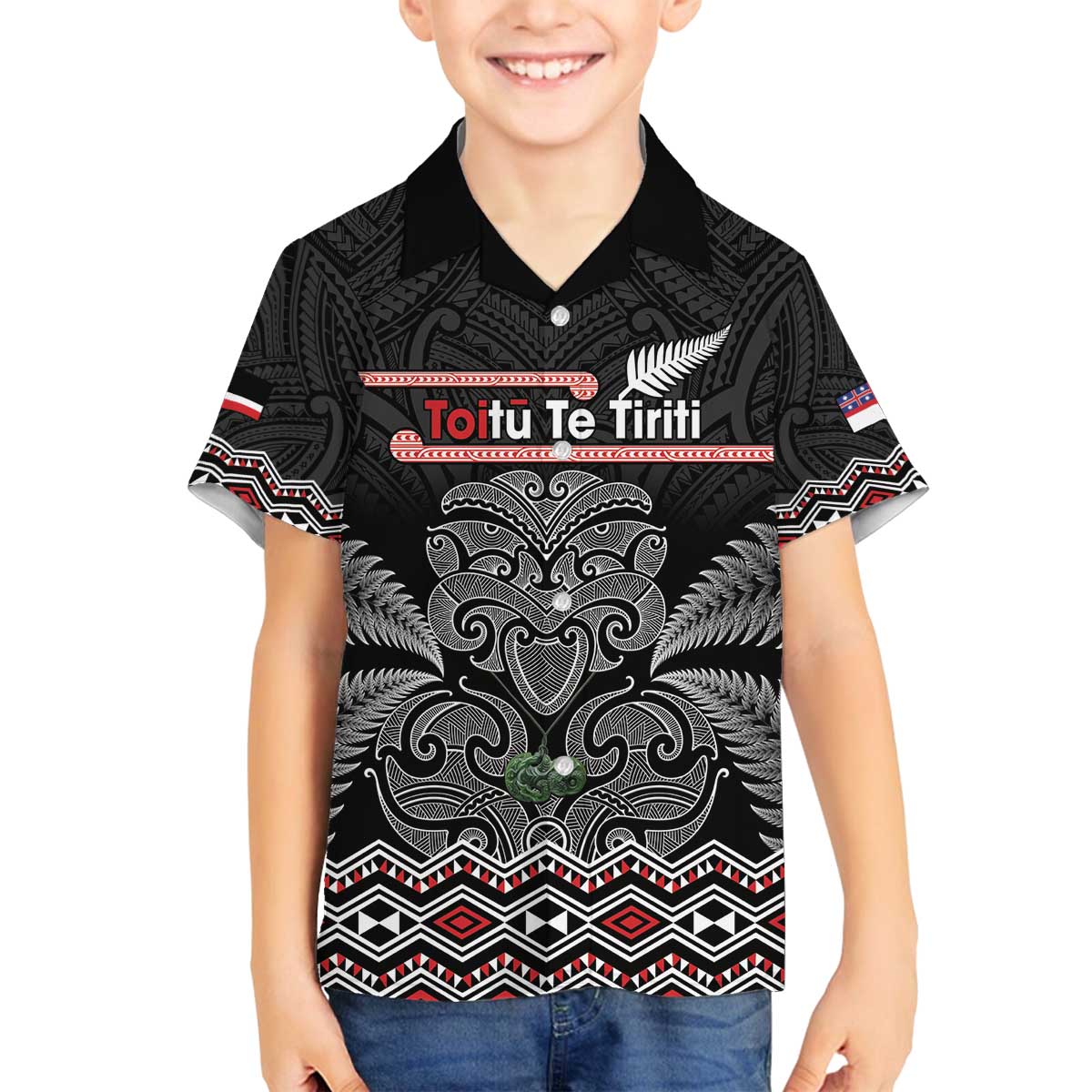 Aotearoa Toitu Te Tiriti Family Matching Off The Shoulder Long Sleeve Dress and Hawaiian Shirt Stand Together! Stand Stronger! - NZ Tiki LT14 Son's Shirt Black - Polynesian Pride