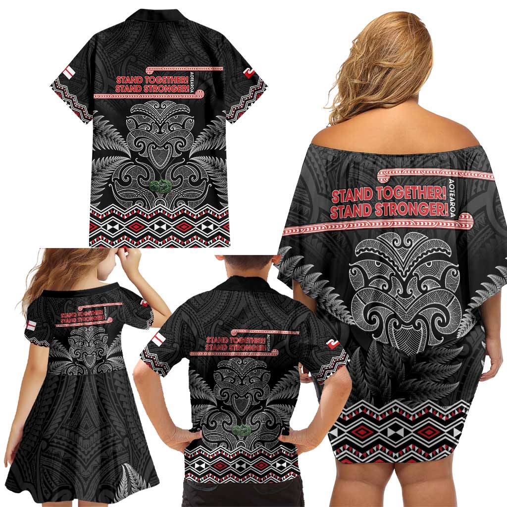 Aotearoa Toitu Te Tiriti Family Matching Off Shoulder Short Dress and Hawaiian Shirt Stand Together! Stand Stronger! - NZ Tiki LT14 - Polynesian Pride