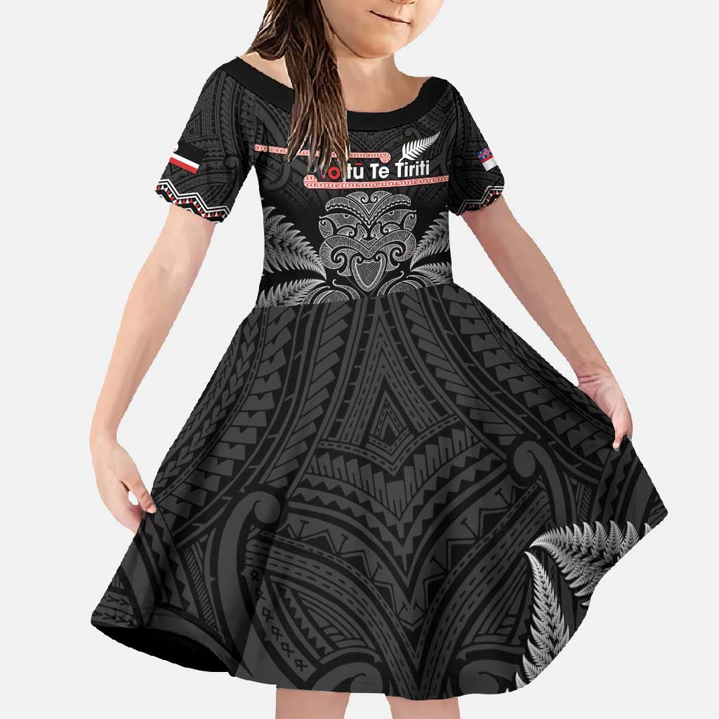 Aotearoa Toitu Te Tiriti Family Matching Short Sleeve Bodycon Dress and Hawaiian Shirt Stand Together! Stand Stronger! - NZ Tiki LT14 Daughter's Dress Black - Polynesian Pride