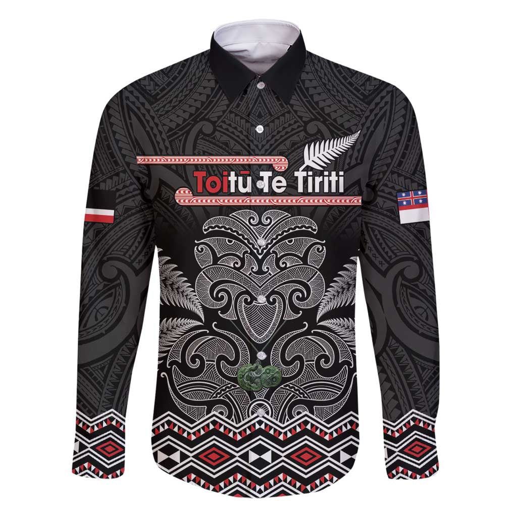 Aotearoa Toitu Te Tiriti Family Matching Summer Maxi Dress and Hawaiian Shirt Stand Together! Stand Stronger! - NZ Tiki LT14 Dad's Shirt - Long Sleeve Black - Polynesian Pride