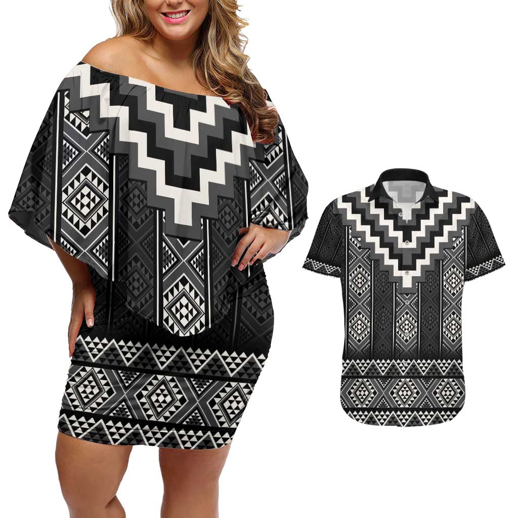 Black Taniko Aotearoa Couples Matching Off Shoulder Short Dress and Hawaiian Shirt Niho Taniwha Mix Poutama LT14