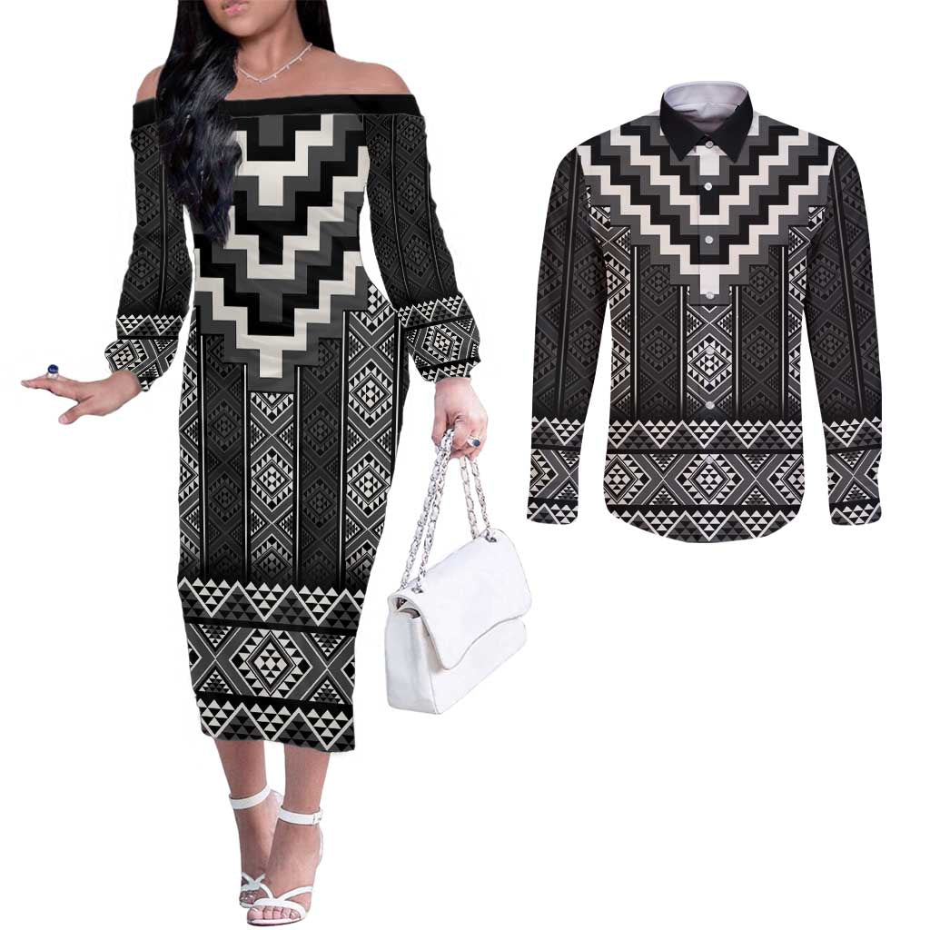 Black Taniko Aotearoa Couples Matching Off The Shoulder Long Sleeve Dress and Long Sleeve Button Shirt Niho Taniwha Mix Poutama LT14