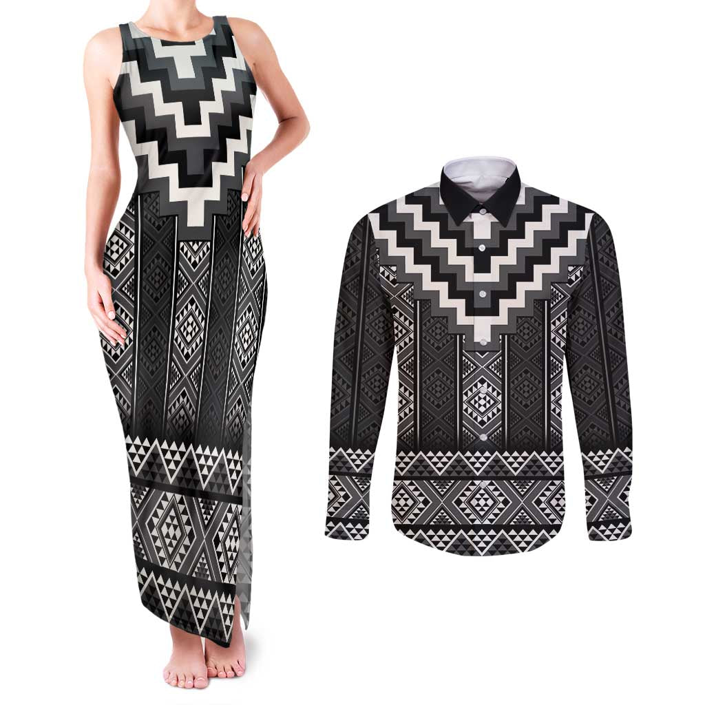 Black Taniko Aotearoa Couples Matching Tank Maxi Dress and Long Sleeve Button Shirt Niho Taniwha Mix Poutama LT14
