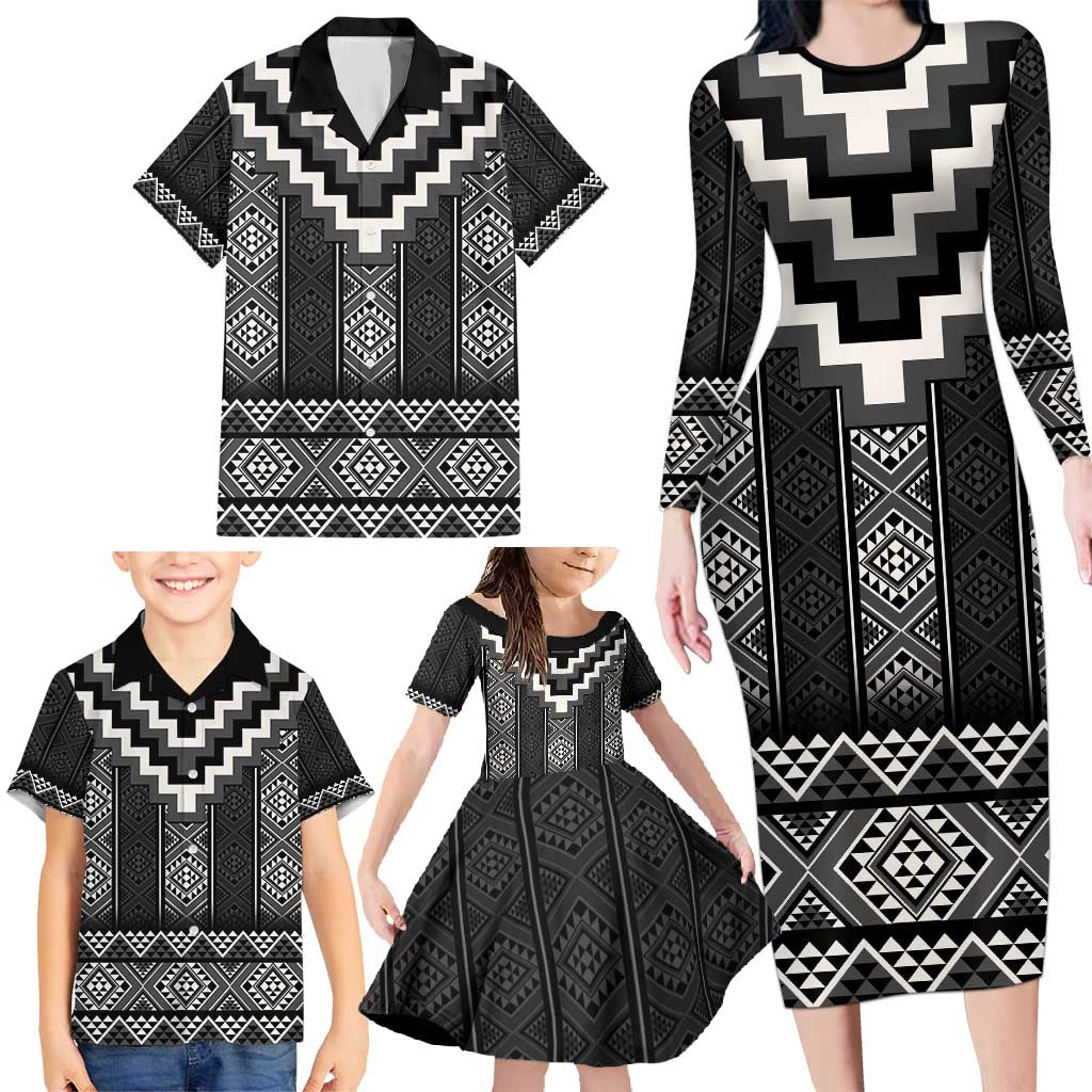 Black Taniko Aotearoa Family Matching Long Sleeve Bodycon Dress and Hawaiian Shirt Niho Taniwha Mix Poutama LT14 - Polynesian Pride