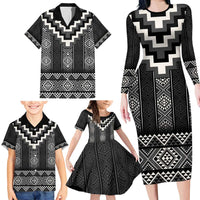 Black Taniko Aotearoa Family Matching Long Sleeve Bodycon Dress and Hawaiian Shirt Niho Taniwha Mix Poutama LT14 - Polynesian Pride