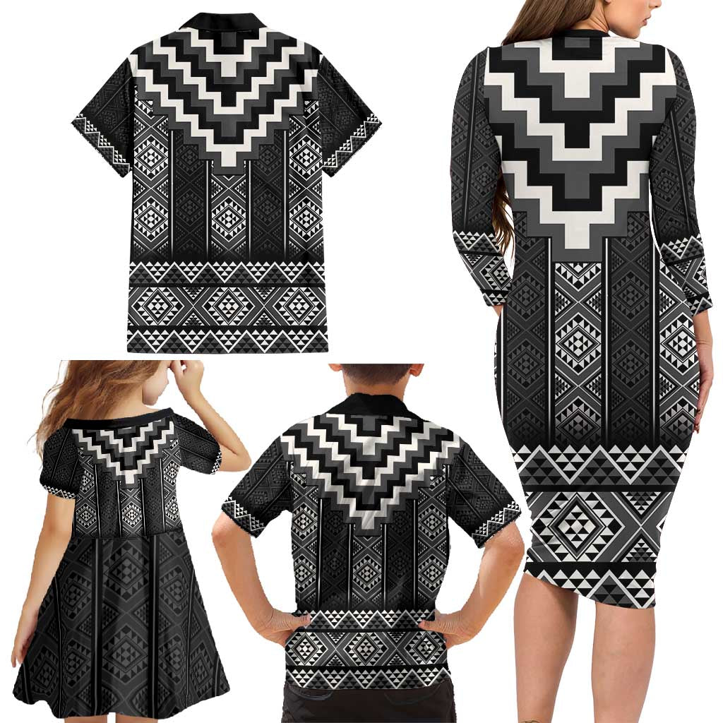 Black Taniko Aotearoa Family Matching Long Sleeve Bodycon Dress and Hawaiian Shirt Niho Taniwha Mix Poutama LT14 - Polynesian Pride