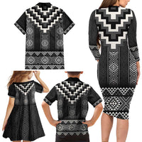 Black Taniko Aotearoa Family Matching Long Sleeve Bodycon Dress and Hawaiian Shirt Niho Taniwha Mix Poutama LT14 - Polynesian Pride