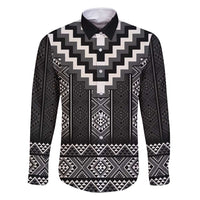 Black Taniko Aotearoa Family Matching Long Sleeve Bodycon Dress and Hawaiian Shirt Niho Taniwha Mix Poutama LT14 Dad's Shirt - Long Sleeve Black - Polynesian Pride
