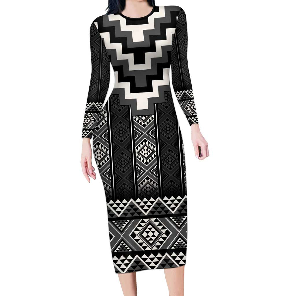 Black Taniko Aotearoa Family Matching Long Sleeve Bodycon Dress and Hawaiian Shirt Niho Taniwha Mix Poutama LT14 Mom's Dress Black - Polynesian Pride