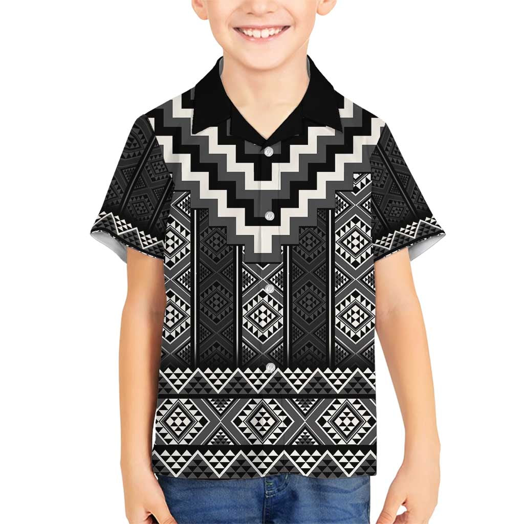 Black Taniko Aotearoa Family Matching Long Sleeve Bodycon Dress and Hawaiian Shirt Niho Taniwha Mix Poutama LT14 Son's Shirt Black - Polynesian Pride