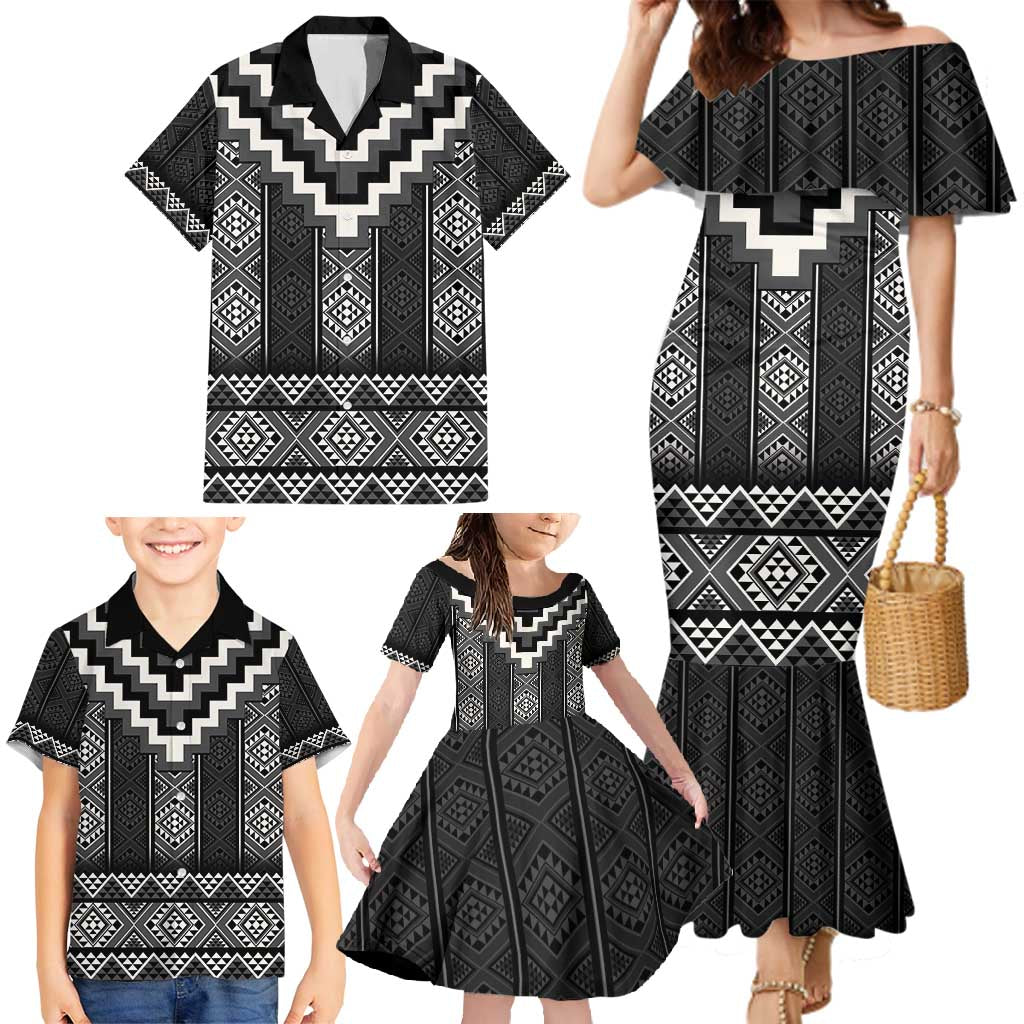 Black Taniko Aotearoa Family Matching Mermaid Dress and Hawaiian Shirt Niho Taniwha Mix Poutama LT14 - Polynesian Pride