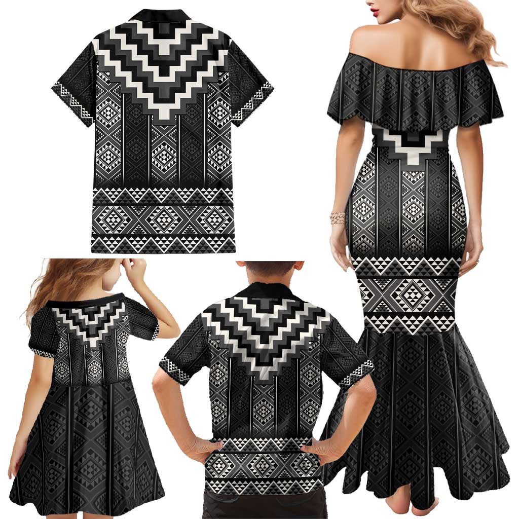Black Taniko Aotearoa Family Matching Mermaid Dress and Hawaiian Shirt Niho Taniwha Mix Poutama LT14 - Polynesian Pride