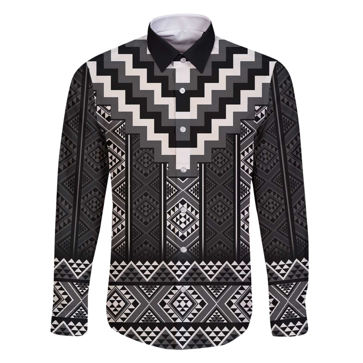 Black Taniko Aotearoa Family Matching Off The Shoulder Long Sleeve Dress and Hawaiian Shirt Niho Taniwha Mix Poutama LT14 Dad's Shirt - Long Sleeve Black - Polynesian Pride