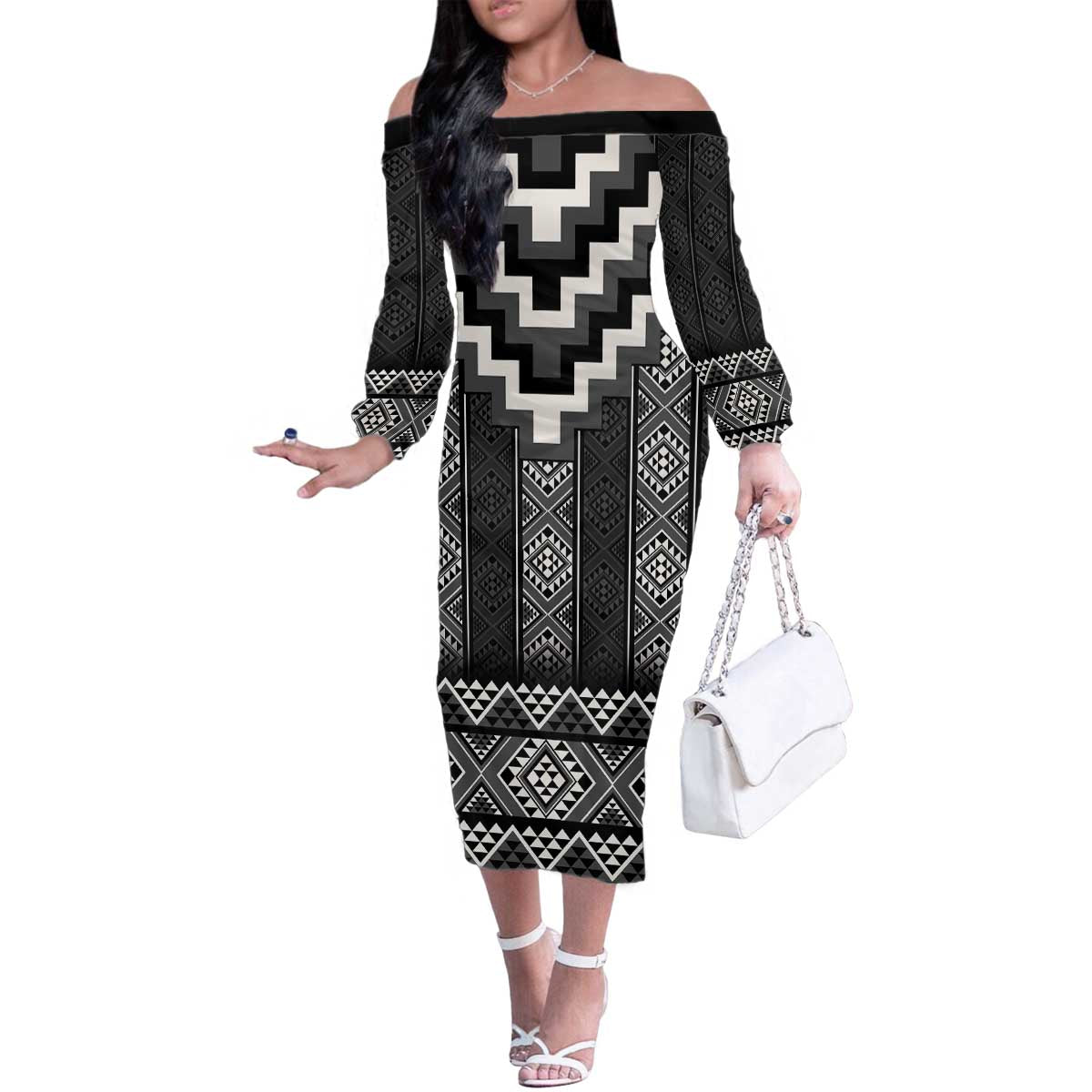 Black Taniko Aotearoa Family Matching Off The Shoulder Long Sleeve Dress and Hawaiian Shirt Niho Taniwha Mix Poutama LT14 Mom's Dress Black - Polynesian Pride
