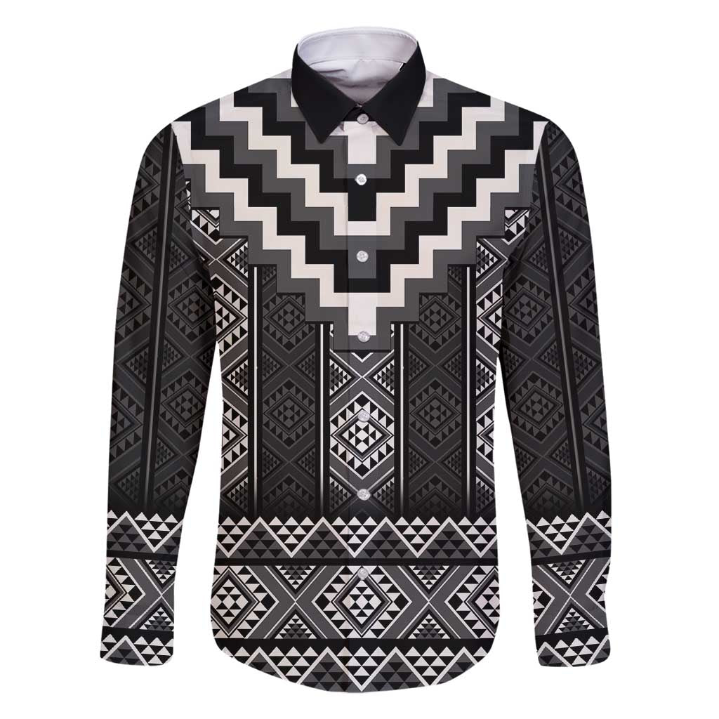 Black Taniko Aotearoa Family Matching Off Shoulder Short Dress and Hawaiian Shirt Niho Taniwha Mix Poutama LT14 Dad's Shirt - Long Sleeve Black - Polynesian Pride