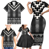 Black Taniko Aotearoa Family Matching Short Sleeve Bodycon Dress and Hawaiian Shirt Niho Taniwha Mix Poutama LT14 - Polynesian Pride
