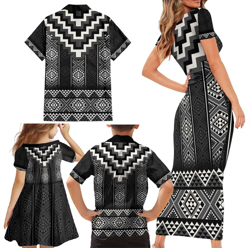 Black Taniko Aotearoa Family Matching Short Sleeve Bodycon Dress and Hawaiian Shirt Niho Taniwha Mix Poutama LT14 - Polynesian Pride