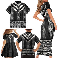 Black Taniko Aotearoa Family Matching Short Sleeve Bodycon Dress and Hawaiian Shirt Niho Taniwha Mix Poutama LT14 - Polynesian Pride