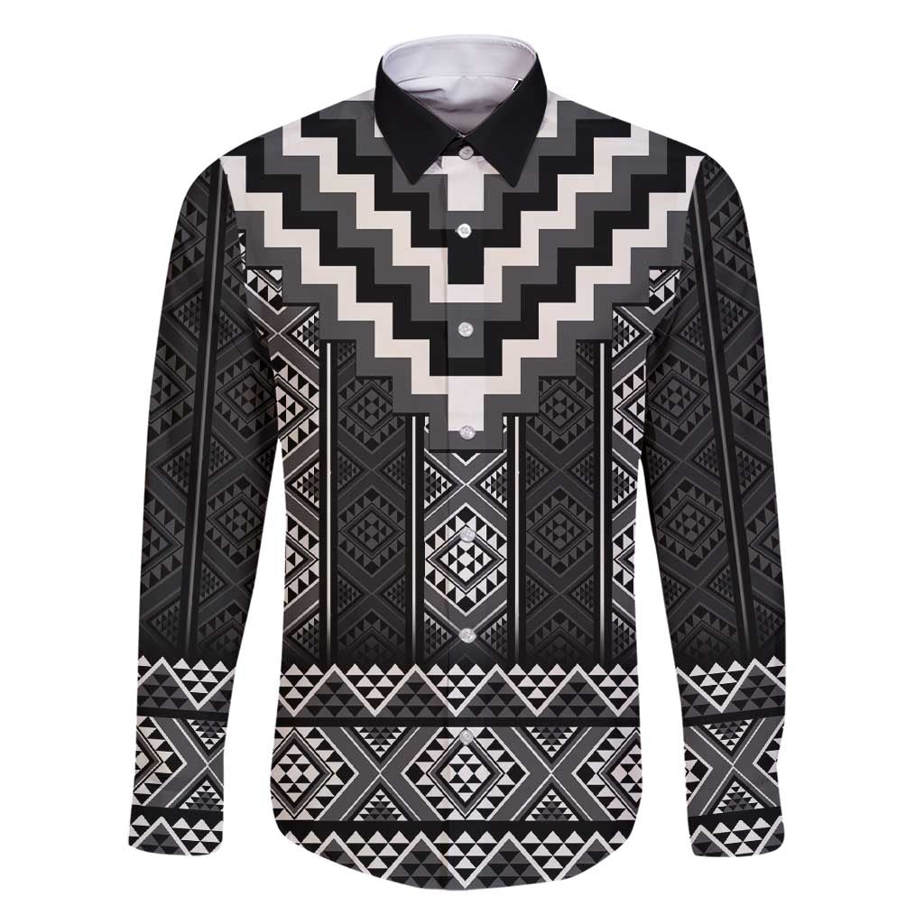 Black Taniko Aotearoa Family Matching Short Sleeve Bodycon Dress and Hawaiian Shirt Niho Taniwha Mix Poutama LT14 Dad's Shirt - Long Sleeve Black - Polynesian Pride