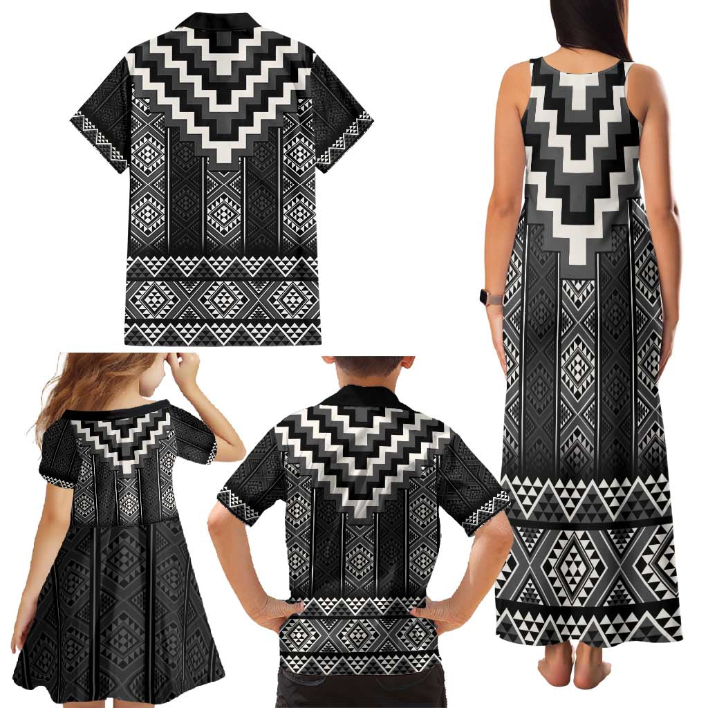 Black Taniko Aotearoa Family Matching Tank Maxi Dress and Hawaiian Shirt Niho Taniwha Mix Poutama LT14 - Polynesian Pride