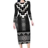 Black Taniko Aotearoa Long Sleeve Bodycon Dress Niho Taniwha Mix Poutama LT14 Long Dress Black - Polynesian Pride