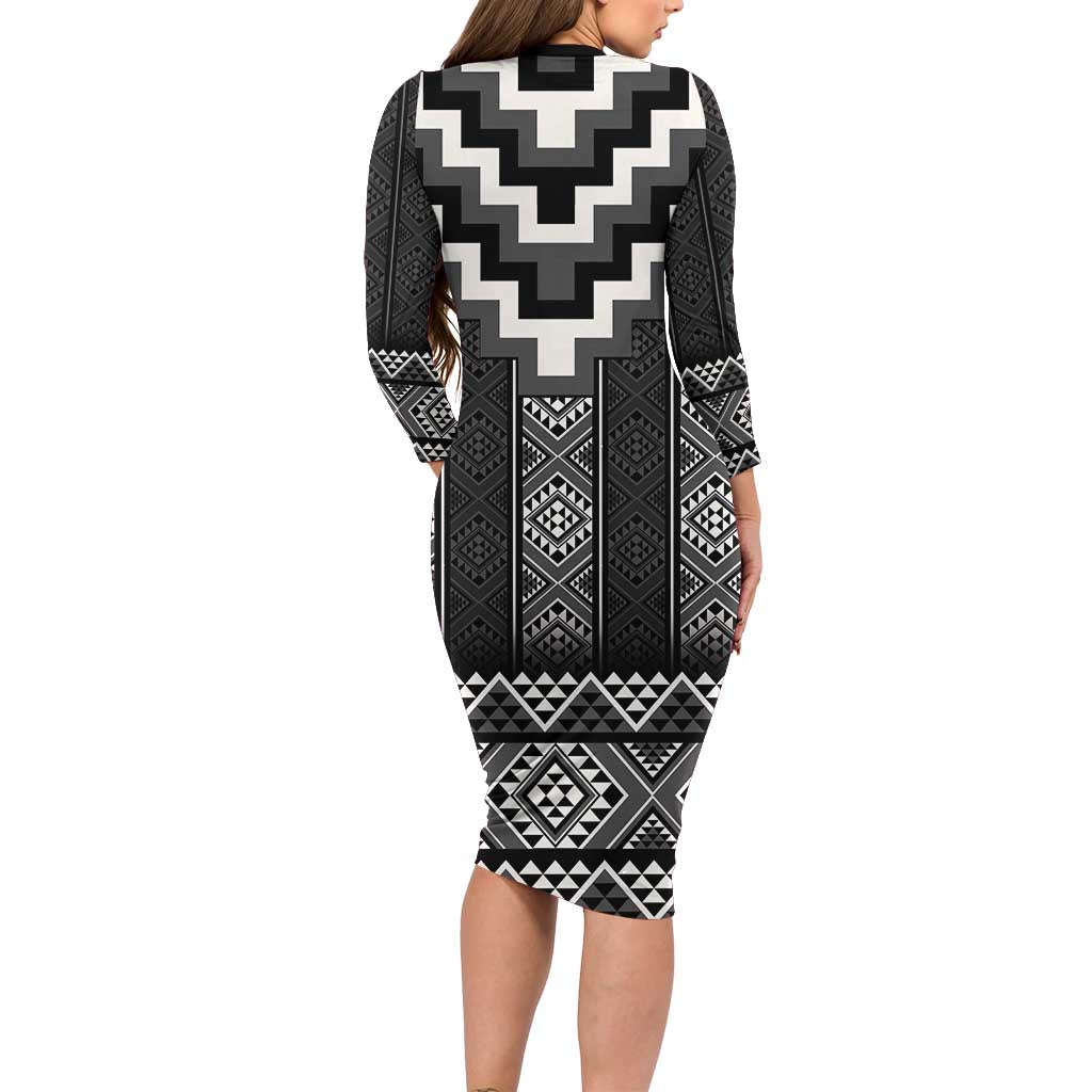 Black Taniko Aotearoa Long Sleeve Bodycon Dress Niho Taniwha Mix Poutama LT14 - Polynesian Pride