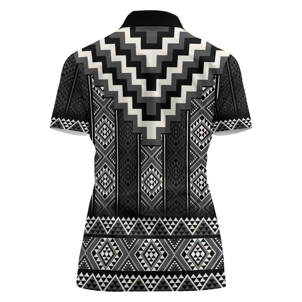 Black Taniko Aotearoa Women Polo Shirt Niho Taniwha Mix Poutama LT14 - Polynesian Pride