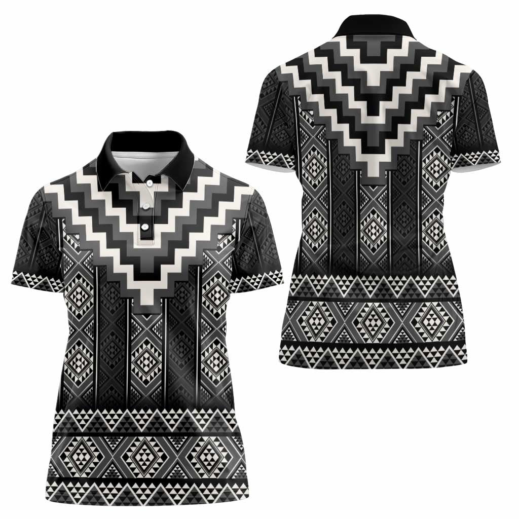 Black Taniko Aotearoa Women Polo Shirt Niho Taniwha Mix Poutama LT14 - Polynesian Pride