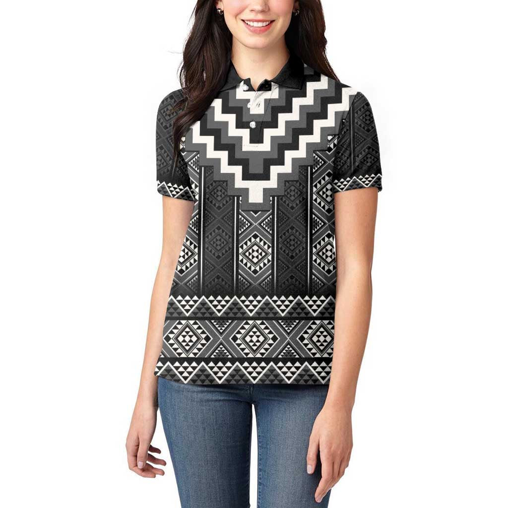 Black Taniko Aotearoa Women Polo Shirt Niho Taniwha Mix Poutama LT14 - Polynesian Pride