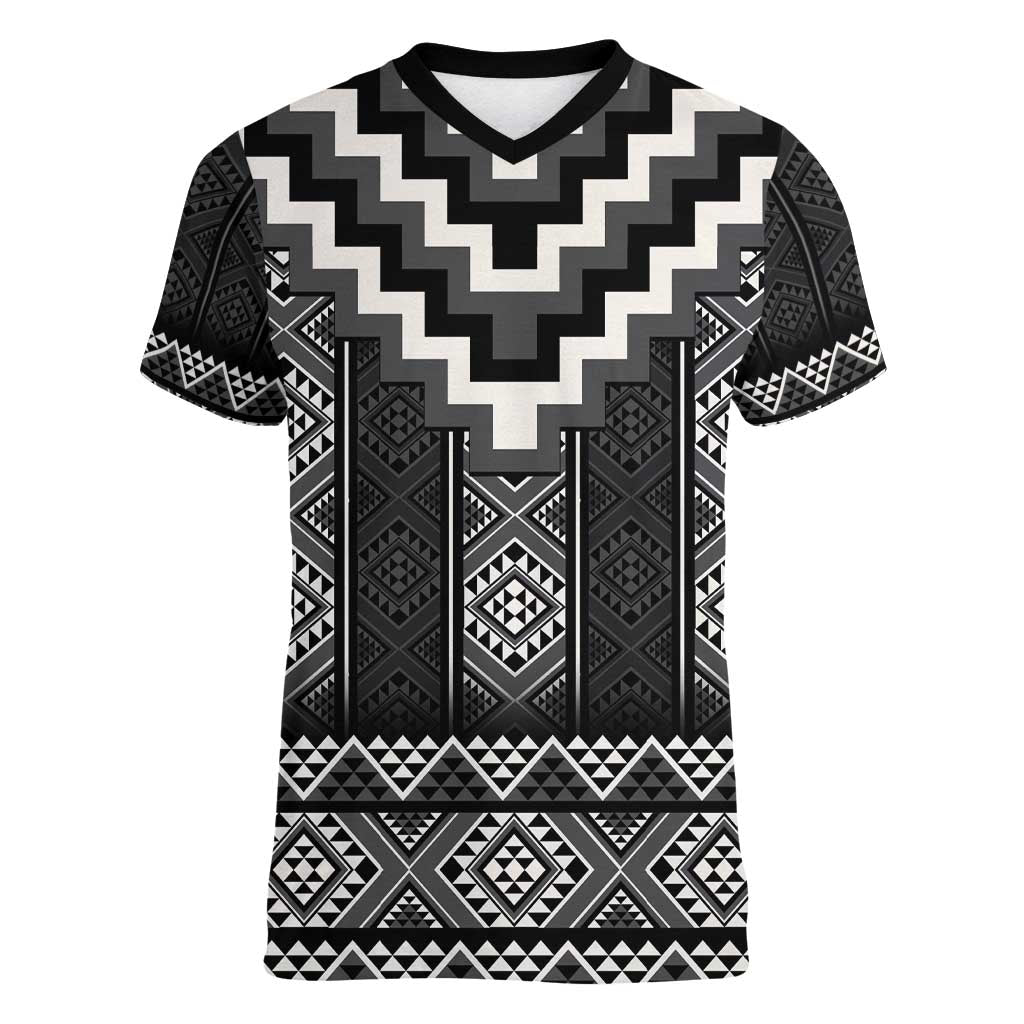 Black Taniko Aotearoa Women V-Neck T-Shirt Niho Taniwha Mix Poutama LT14