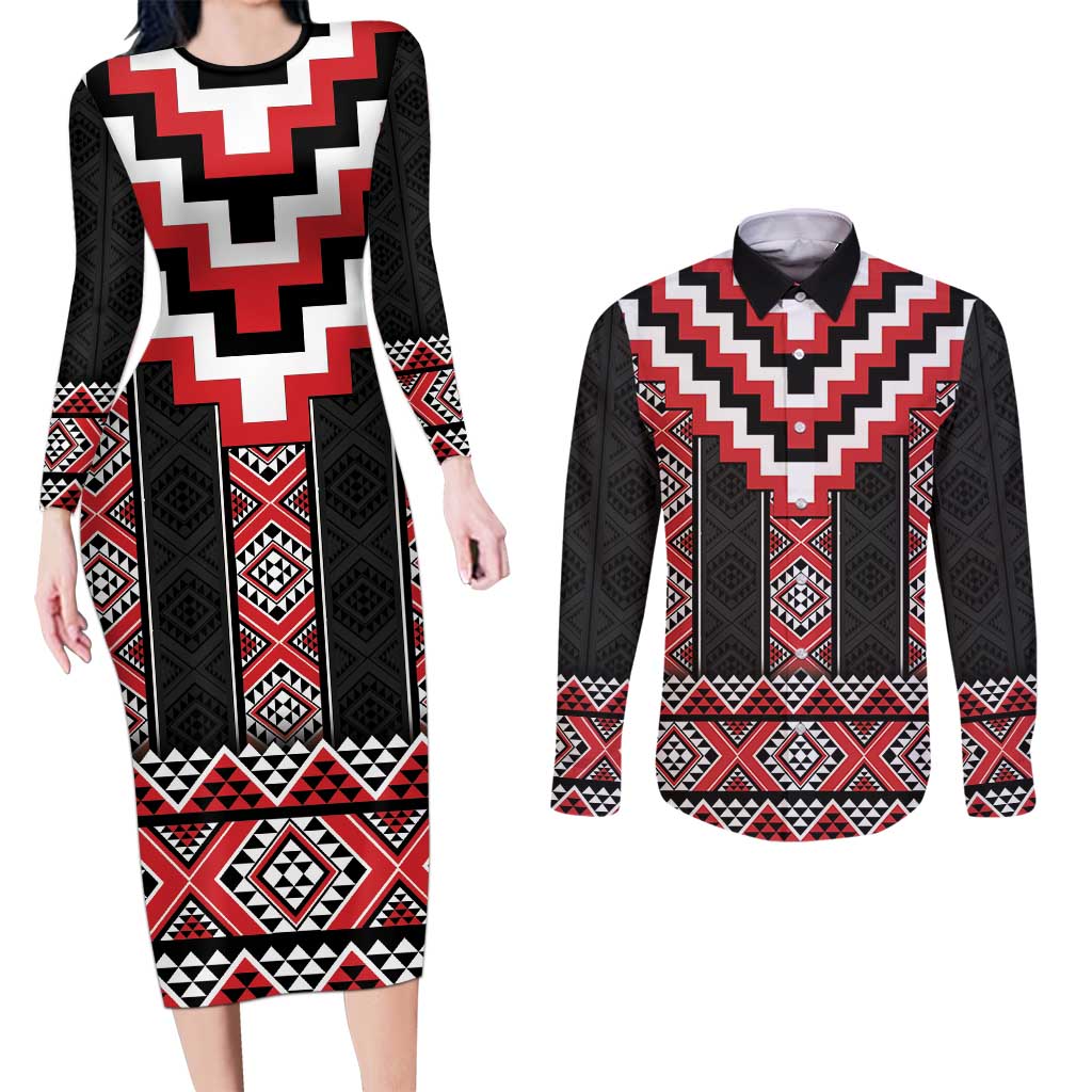 Red Taniko Aotearoa Couples Matching Long Sleeve Bodycon Dress and Long Sleeve Button Shirt Niho Taniwha Mix Poutama LT14