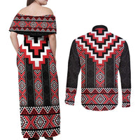 Red Taniko Aotearoa Couples Matching Off Shoulder Maxi Dress and Long Sleeve Button Shirt Niho Taniwha Mix Poutama LT14