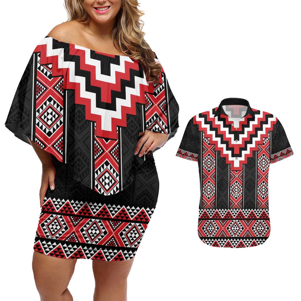 Red Taniko Aotearoa Couples Matching Off Shoulder Short Dress and Hawaiian Shirt Niho Taniwha Mix Poutama LT14