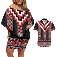 Red Taniko Aotearoa Couples Matching Off Shoulder Short Dress and Hawaiian Shirt Niho Taniwha Mix Poutama LT14