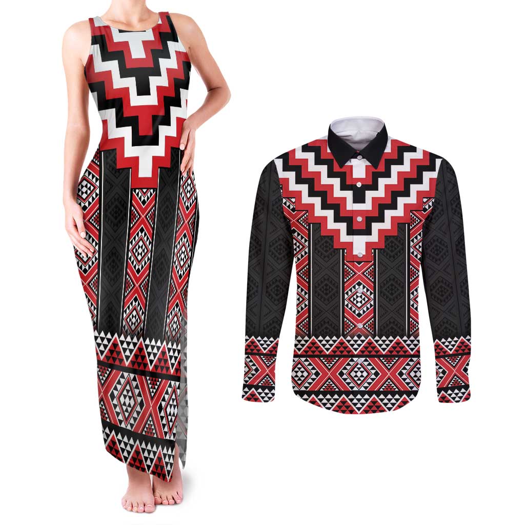 Red Taniko Aotearoa Couples Matching Tank Maxi Dress and Long Sleeve Button Shirt Niho Taniwha Mix Poutama LT14
